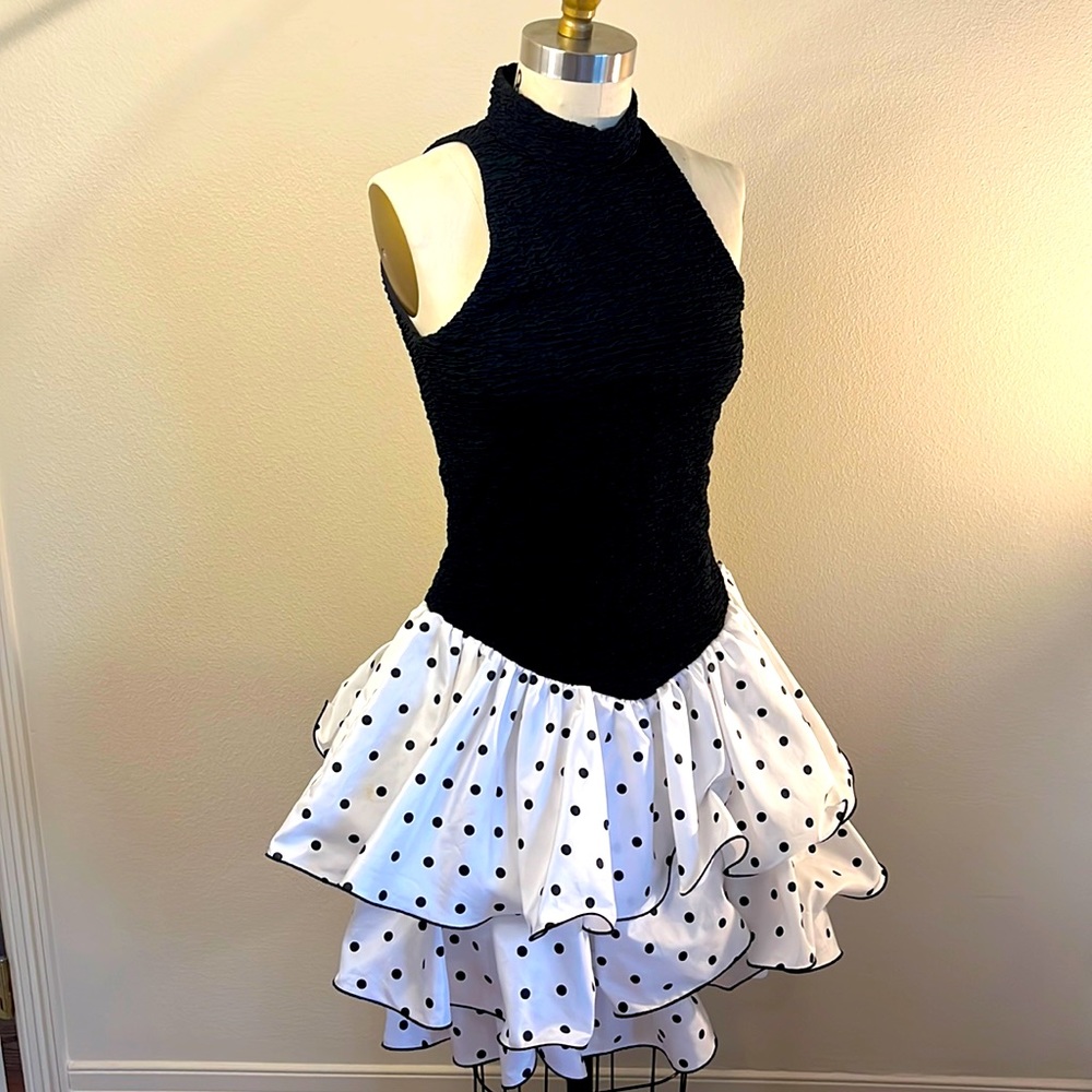 Vintage 80s halter neck polka dot ruffle dress